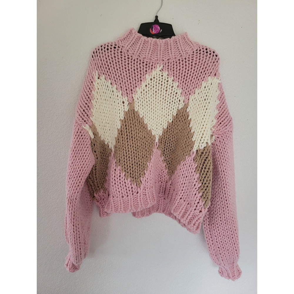 Altar'd State Pink Argyle Chunky Knit Mock Neck Sweater NK11147 Womens Small #15